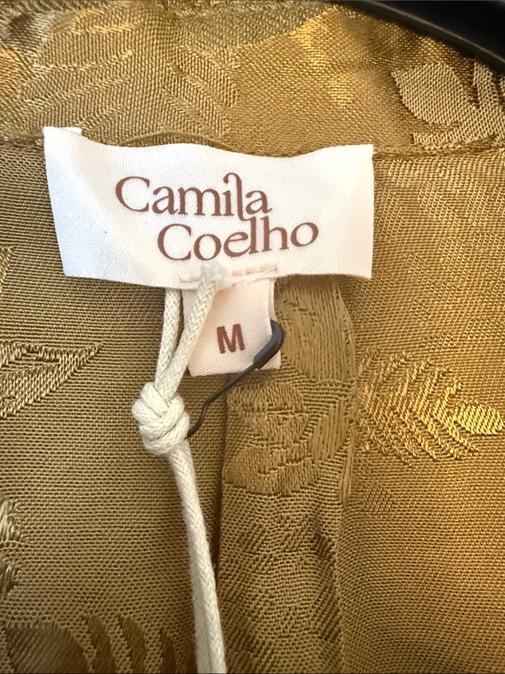 Camila Coelho Gold Floral Satin Jacquard Button-Up Blouse Long Puff Sleeve M - Picture 3 of 9